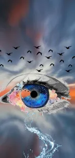 Surreal eye with vibrant colors and birds in the sky, creating artistic wallpaper.