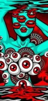 Surreal wallpaper with teal figure and red-eyed patterns.