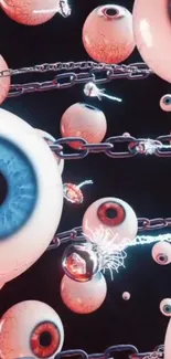 Surreal wallpaper with floating eyeballs and chains.