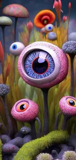 Surreal eyeball flowers in a colorful, fantasy landscape with lush greenery.