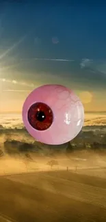 Surreal landscape with floating eyeball and sunrise over misty fields.