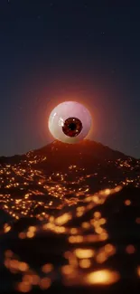 Glowing eyeball over dark, sparkling ocean under starry sky.