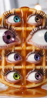 Surreal waffle with multiple colorful eyeballs