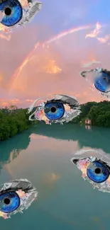 Surreal eyes over a river with a rainbow in the background.