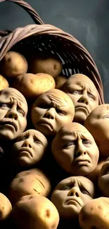 Surreal potatoes with human faces in a basket.