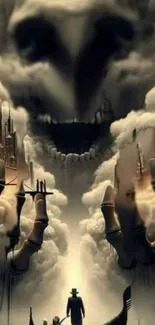 Surreal cityscape with hands and clouds in fantasy art.