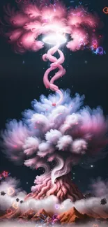 Surreal fantasy wallpaper with pink clouds and dark sky.