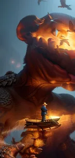 Fantasy artwork featuring a giant creature and tiny figure, illuminated in orange glow.