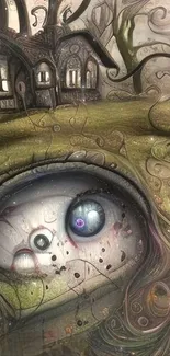 Surreal wallpaper with a large eye and fantasy houses.