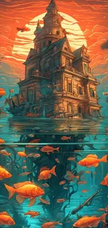 Surreal fantasy house with fish under orange sky in mobile wallpaper.