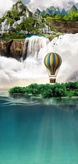 Fantasy wallpaper with waterfall, hot air balloon, and azure waters.