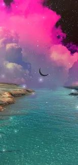 Surreal landscape with pink clouds and teal water under a starry sky