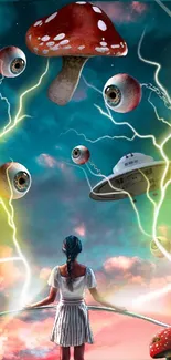 Surreal fantasy mobile wallpaper with UFOs, floating eyes, and mushrooms.