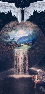 Surreal fantasy night wallpaper with an angel and celestial orb waterfall.