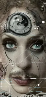 Surreal fantasy portrait with eye design on mobile wallpaper.