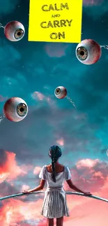 Surreal sky artwork with girl and floating eyeballs on phone wallpaper.