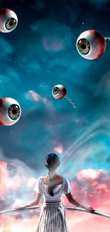 Surreal scene with a woman and floating eyeballs in a fantasy sky.