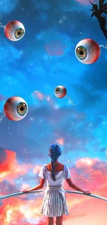 Surreal sky with floating eyes and mystical figure on mobile wallpaper.