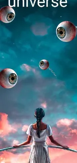 Surreal fantasy wallpaper with sky and floating eyes.