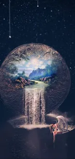 Surreal waterfall with fantasy themes in a starry night setting.