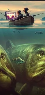 Surreal wallpaper with giant fish underwater and fishermen in a boat above.