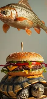 Surreal wallpaper with a fish, burger, and turtle, creating an artistic scene.