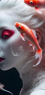 Surreal art of a woman with red-orange fish.