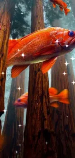 Orange fish swimming in a mystical forest wallpaper.