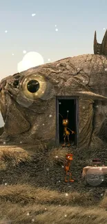 Surreal fish-shaped house in dry landscape.