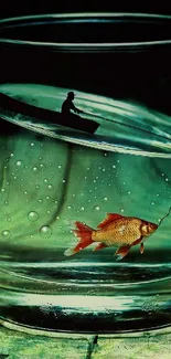 Surreal wallpaper of a fish in a glass with hand and boat.