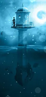 Surreal tower and fishing scene under a mystical night sky.