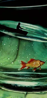 A surreal wallpaper of a goldfish in a glass with a fishing boat above.