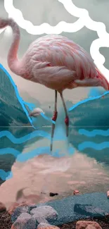 Surreal flamingo scenery with clouds and water in vibrant pink and blue design.