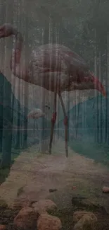 Surreal flamingo in a mystical forest setting, combining art and nature.