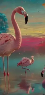 Surreal art of flamingos in a vibrant, colorful landscape.