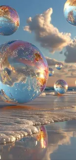 Surreal floating bubbles over ocean with reflections.