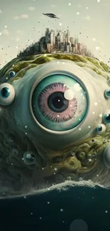 Surreal landscape with a floating eye and distant cityscape.