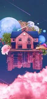 Surreal wallpaper with floating house and pink clouds.