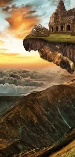 Surreal floating island over mountainous sunset landscape.