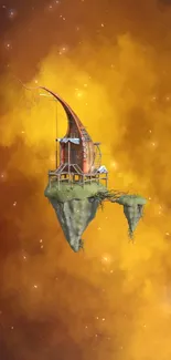 A surreal floating island with an orange cosmic background.