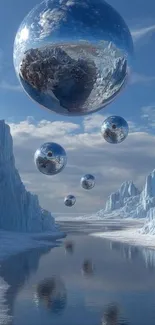 Surreal landscape with floating reflective spheres over icy terrain.