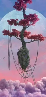 Surreal floating tree with pink leaves and moon backdrop.