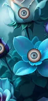 Surreal blue flowers with eyes wallpaper art.