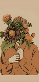 Illustration of person with flowers for face, wearing a brown shirt.