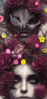 Surreal faces with roses and dark mystical elements in artistic wallpaper design.