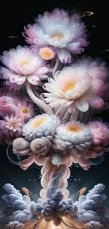 Surreal artwork of blooming flowers against dark background.