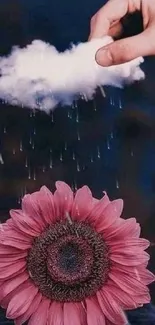 Surreal art of a hand holding a cloud over a pink flower with a dark background.