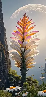 Surreal flower and moon in a mystical landscape wallpaper.