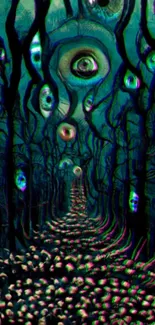 Surreal wallpaper featuring a forest path surrounded by floating eyes.