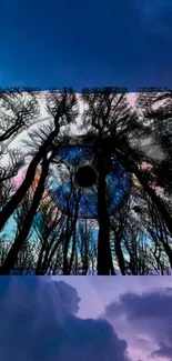 Surreal forest scene with cosmic eye, set in a midnight blue sky.